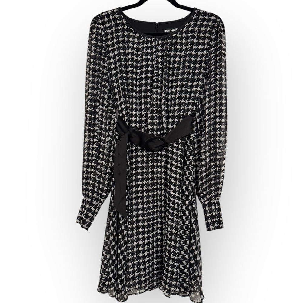 KARL LAGERFELD PARIS Houndstooth Belted Fit & Flare Dress, Size 14 - Picture 6 of 16